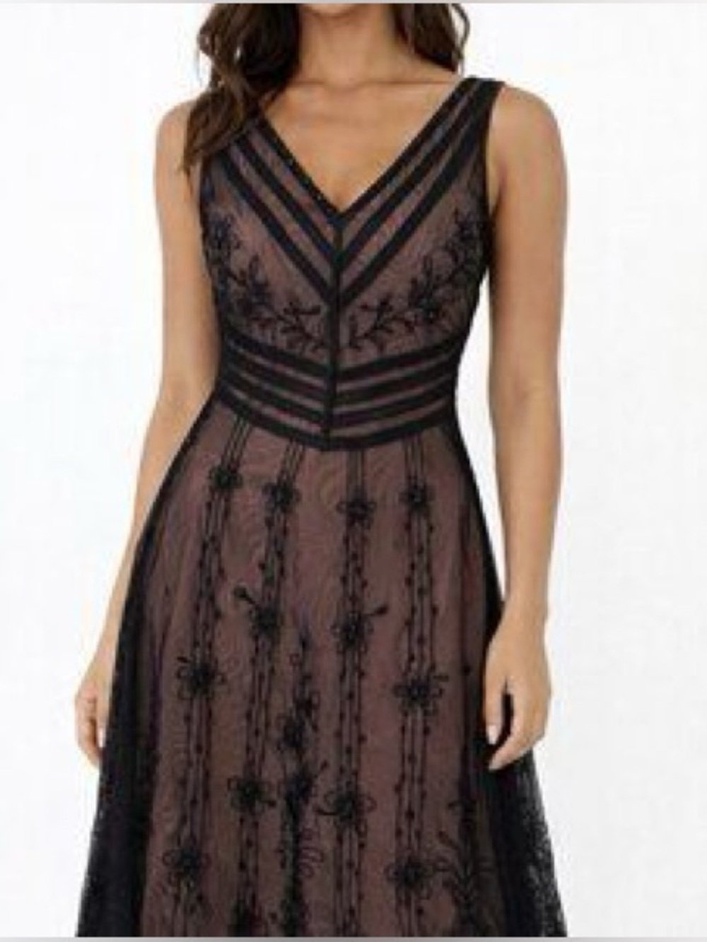 BCBGMaxAzria Black and Dusty Rose Embroidered Midi Dress